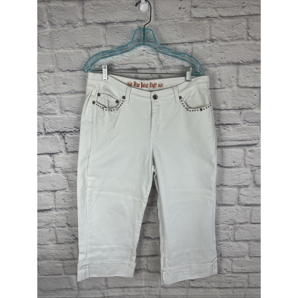 Nine Point Eight Women's Y2K White Denim Rhinestone Capri Pants Size 14